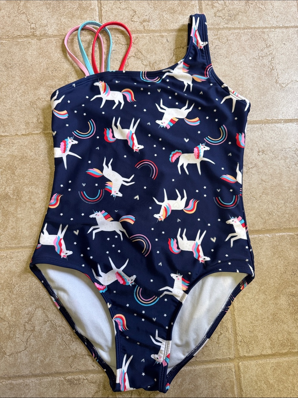 Cat & Jack Navy Unicorn One-Shoulder Swimsuit with Pink, Teal, Coral Straps